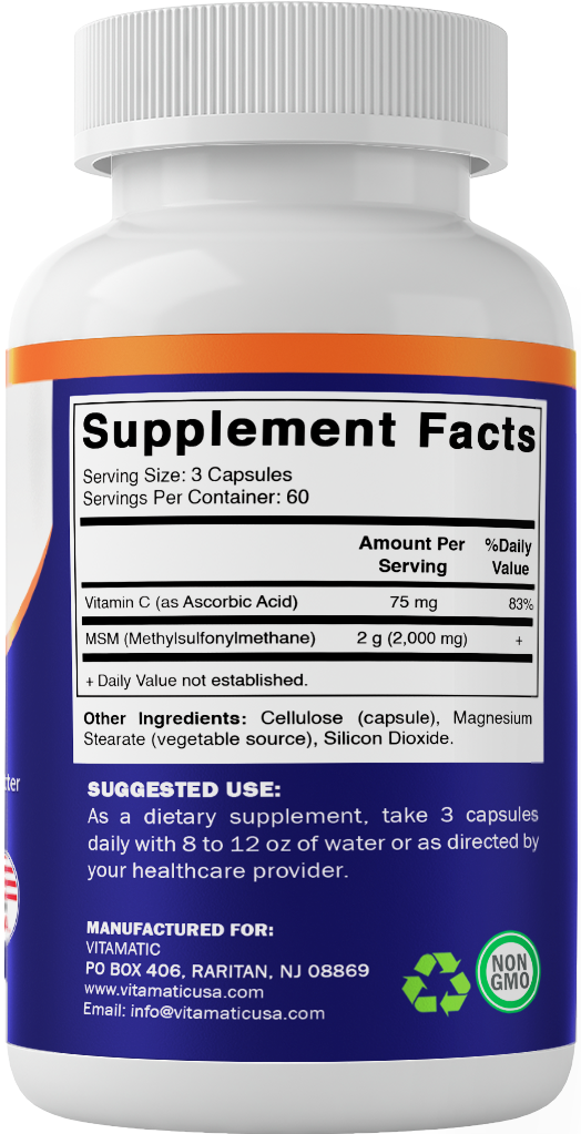 MSM 2000 mg with Vitamin C 75mg - 180 Veg Capsules