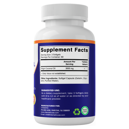 Virgin Coconut Oil 3000 mg Per Serving | 180 Softgels