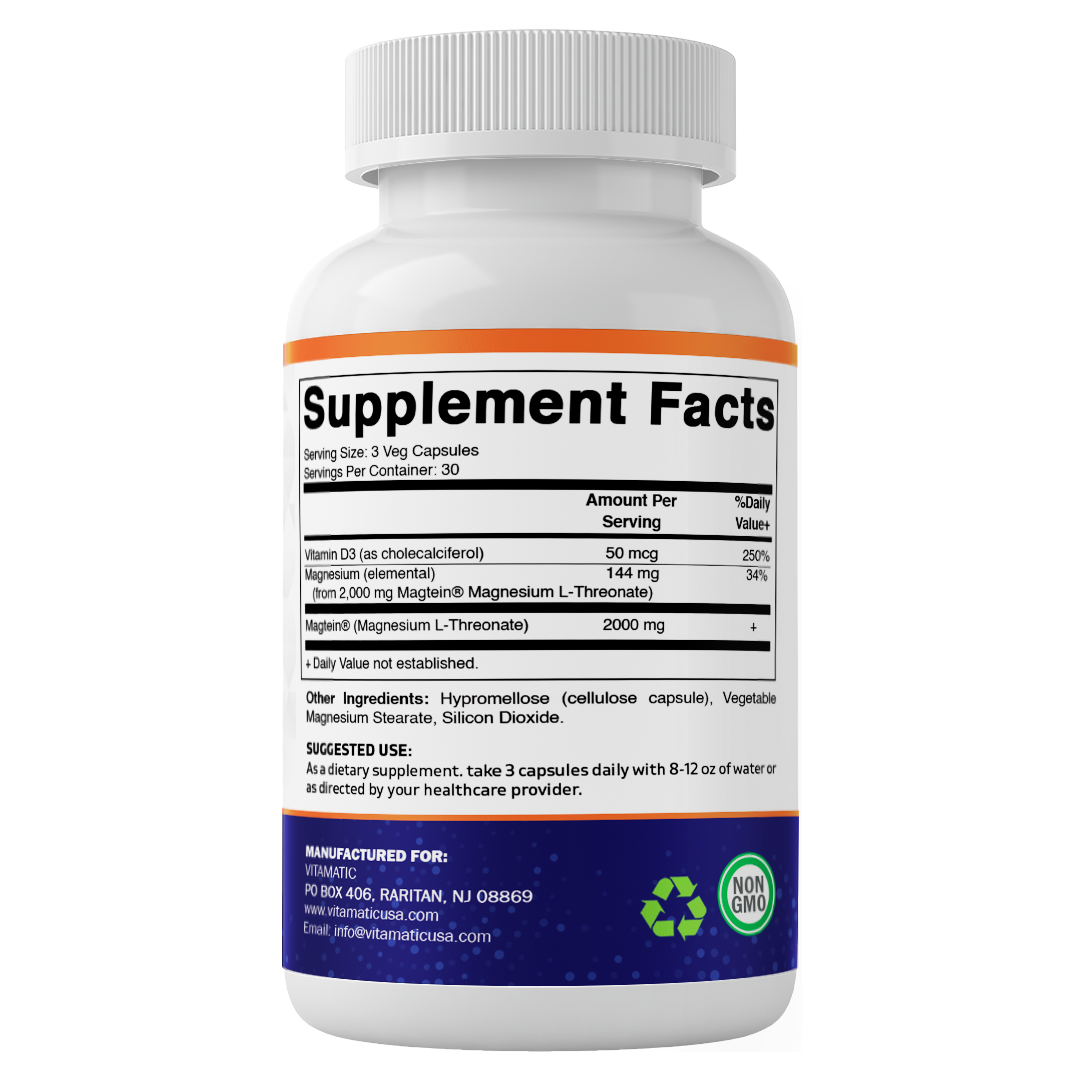 Magtein Magnesium L-Threonate 2000 mg with D3 – 90 Vegetarian Capsules