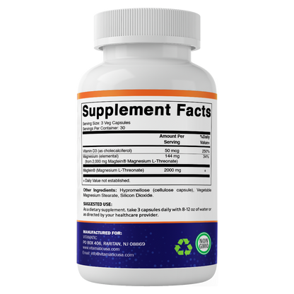 Magtein Magnesium L-Threonate 2000 mg with D3 – 90 Vegetarian Capsules