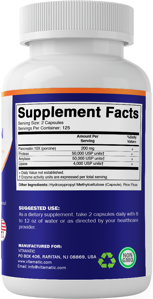 Pancreatin 10X Digestive Enzymes – 250 Capsules – Made with Protease 50,000 USP, Amylase 50,000 USP & Lipase 4,000 USP – Supports Protein, Carb & Fat Digestion – Non-GMO – Made in USA