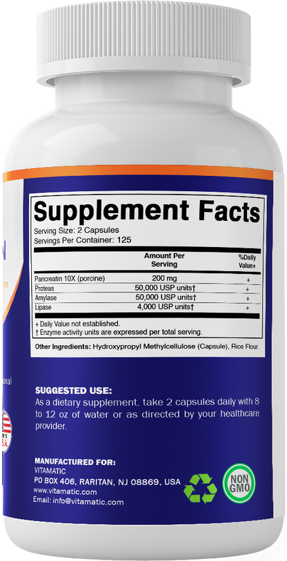 Pancreatin 10X Digestive Enzymes – 250 Capsules – Made with Protease 50,000 USP, Amylase 50,000 USP & Lipase 4,000 USP – Supports Protein, Carb & Fat Digestion – Non-GMO – Made in USA