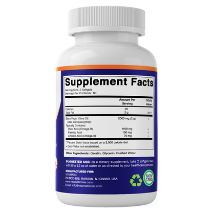 Vitamatic Extra Virgin Olive Oil 2000 mg Per Serving – 120 Softgels | Great Source of Omega 6 & 9