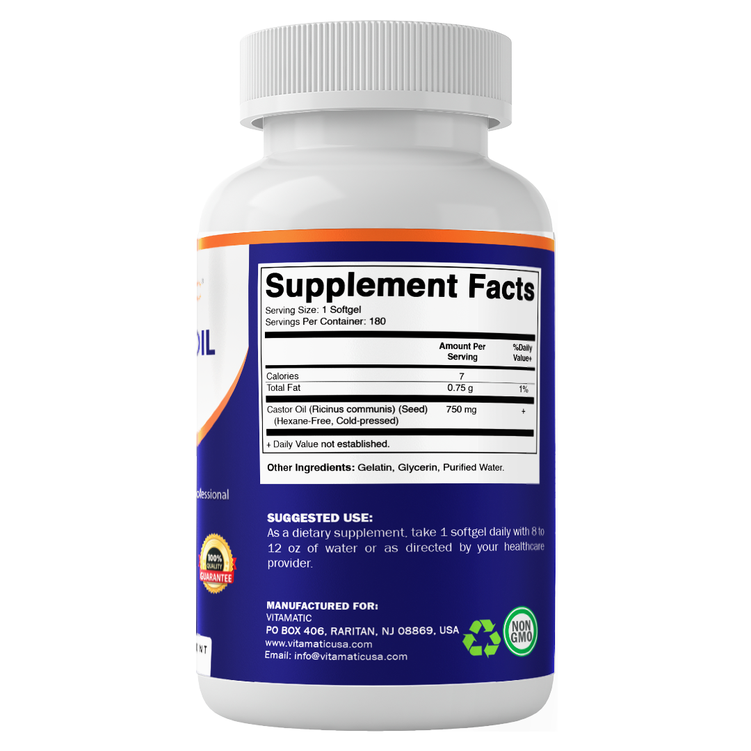 Vitamatic Castor Oil Softgels 750 mg | Cold Pressed | 180 Softgels | Easy-to-Swallow