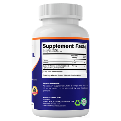 Vitamatic Castor Oil Softgels 750 mg | Cold Pressed | 180 Softgels | Easy-to-Swallow