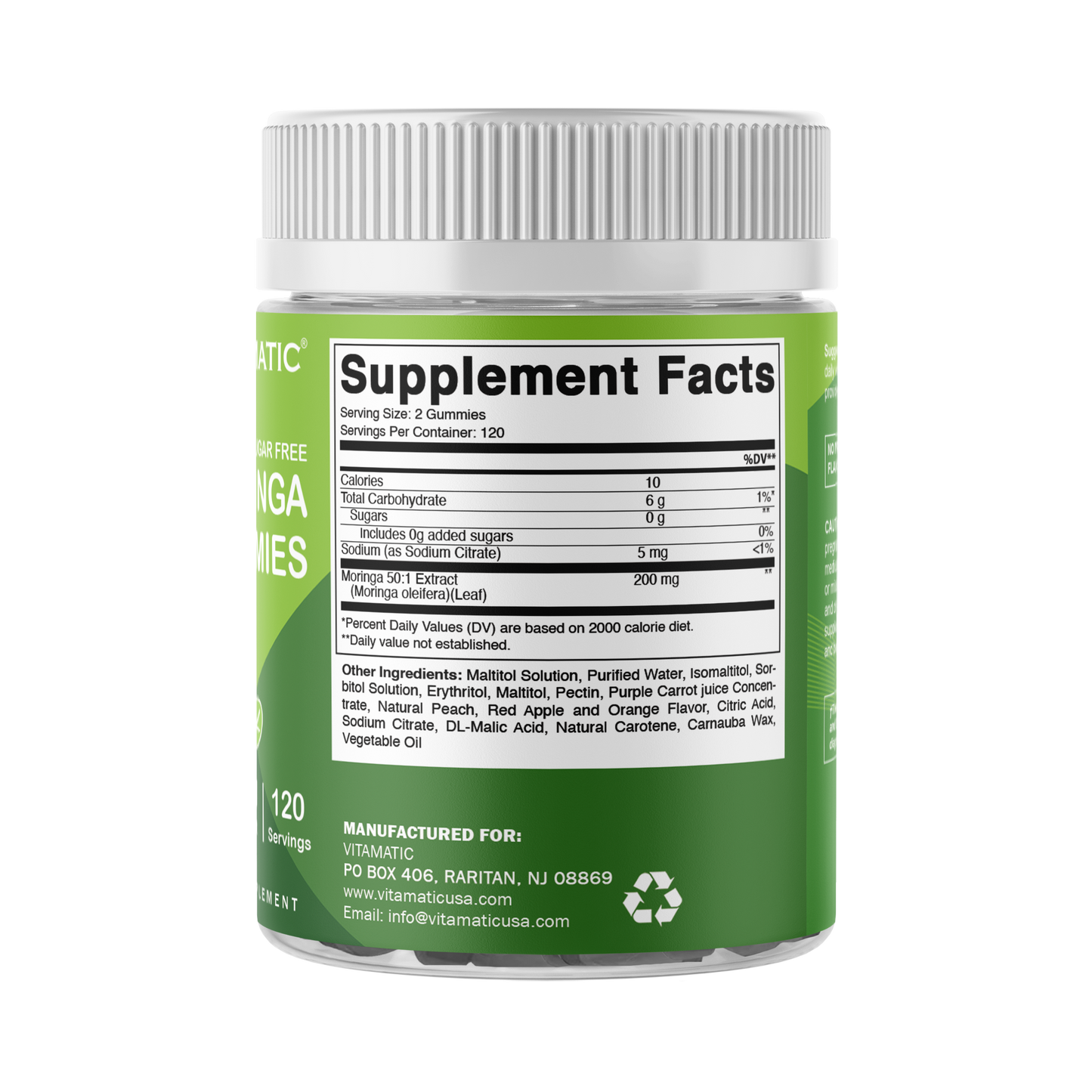 Vitamatic Moringa Gummies – Sugar-Free 50:1 Plant-Based Extract – Green Superfood – Pectin-Based, Vegan, Non-GMO – 240 Gummies