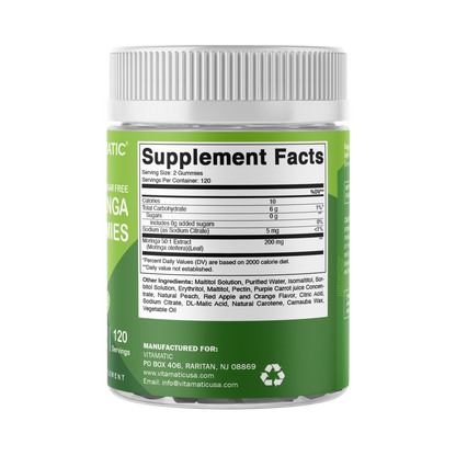 Vitamatic Moringa Gummies – Sugar-Free 50:1 Plant-Based Extract – Green Superfood – Pectin-Based, Vegan, Non-GMO – 240 Gummies