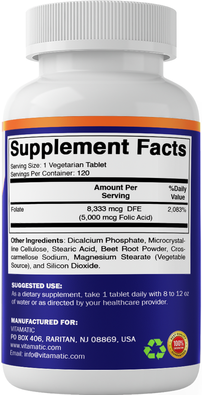 Vitamatic Folic Acid 5mg Supplement, 120 Tablets