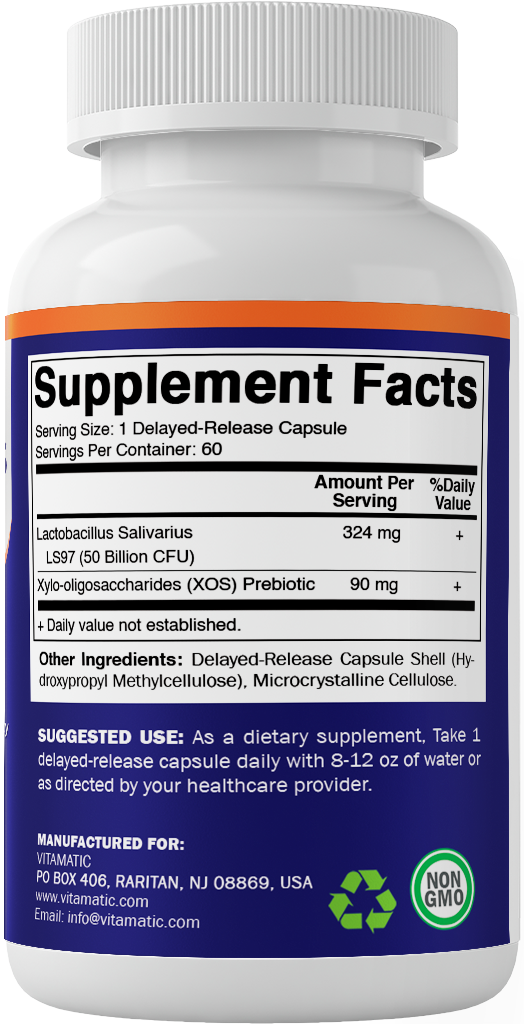 Vitamatic Lactobacillus Salivarius 50 Billion CFU with XOS Prebiotic, 60 Delayed Release Capsules