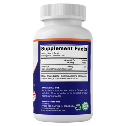Potassium Gluconate 595 mg – 250 Tablets – Non-GMO, Made in USA