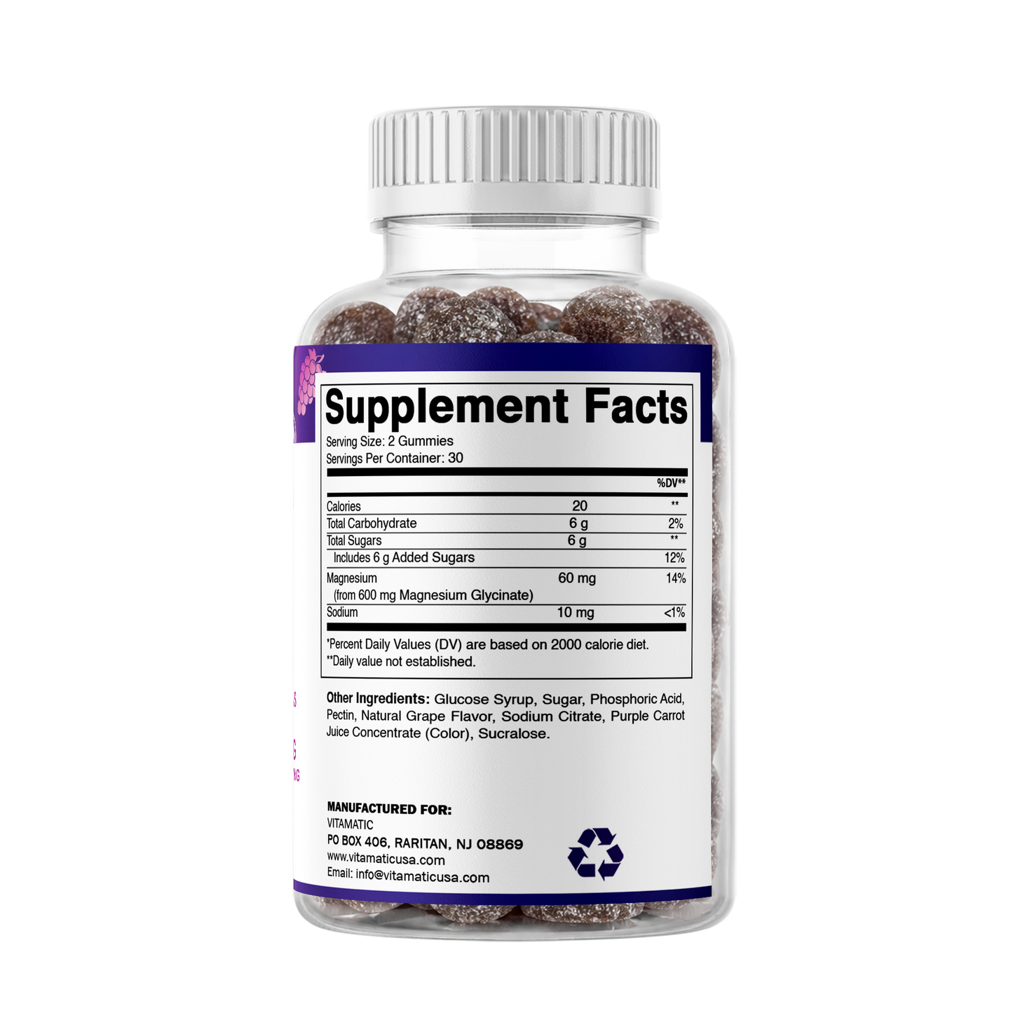 Magnesium Glycinate Gummies 600 mg per Serving – 60 Ct – Natural Grape Flavor
