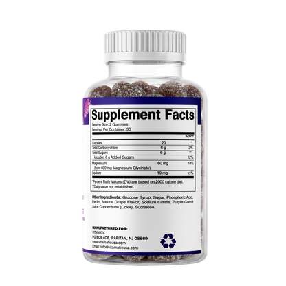 Magnesium Glycinate Gummies 600 mg per Serving – 60 Ct – Natural Grape Flavor