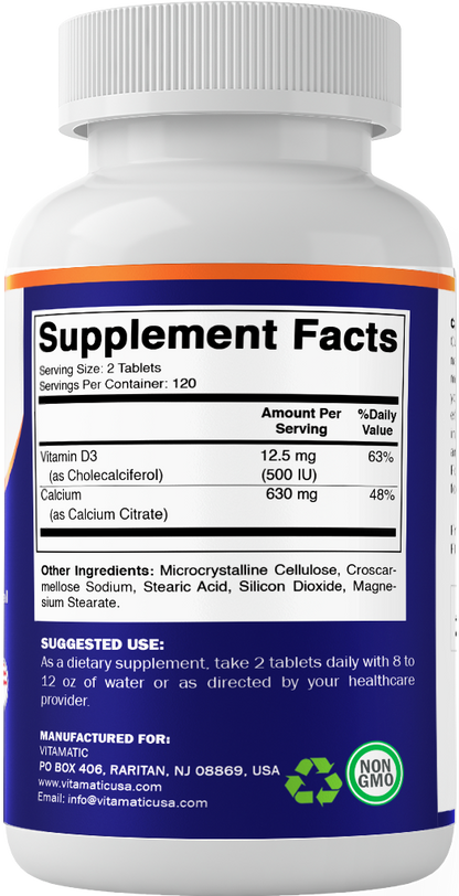 Vitamatic Calcium Citrate with Vitamin D3 – 240 Tablets – High Absorption Calcium Citrate with D3 – Non-GMO, Gluten-Free