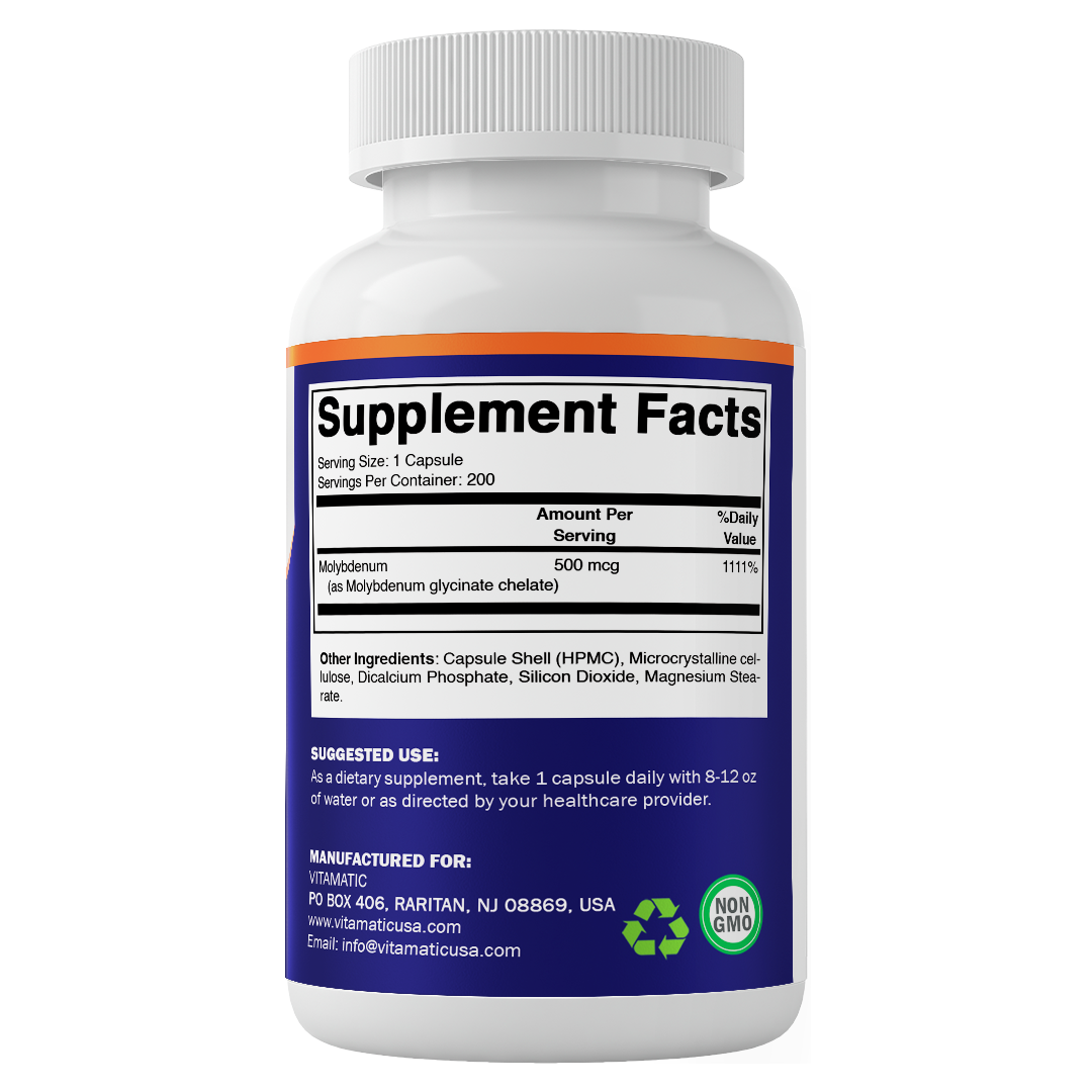 Chelated Molybdenum 500 mcg (as Molybdenum Glycinate Chelate) – 200 Vegetable Capsules