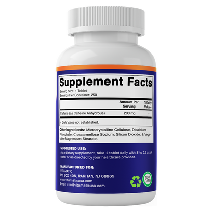Caffeine Pills 200mg - 250 Vegetarian Tablets