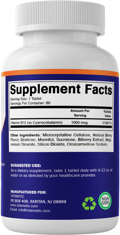 Vitamin B12 1000 mcg Fast Dissolve – 60 Tablets – Natural Berry Flavor