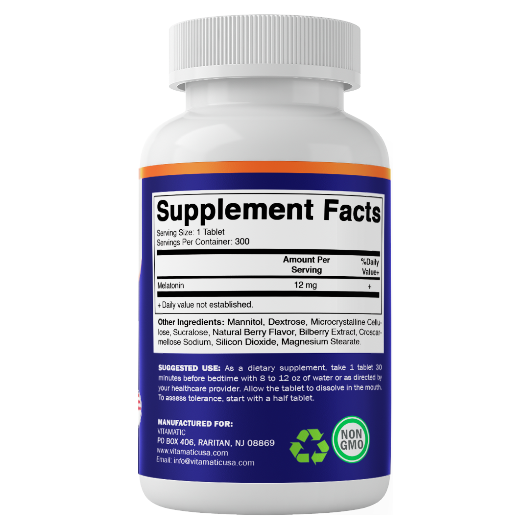Vitamatic Melatonin 12 mg – Natural Berry Flavor – 300 Fast Dissolve Tablets