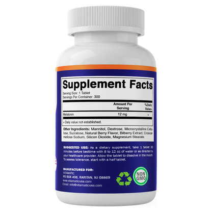 Vitamatic Melatonin 12 mg – Natural Berry Flavor – 300 Fast Dissolve Tablets