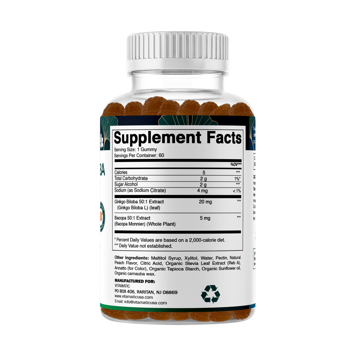 Vitamatic Ginkgo Biloba & Bacopa Gummies – Plant-Based Botanical Extract – Natural Peach Flavor – Vegan, Non-GMO, Gluten-Free – Herbal Supplement – 60 Count