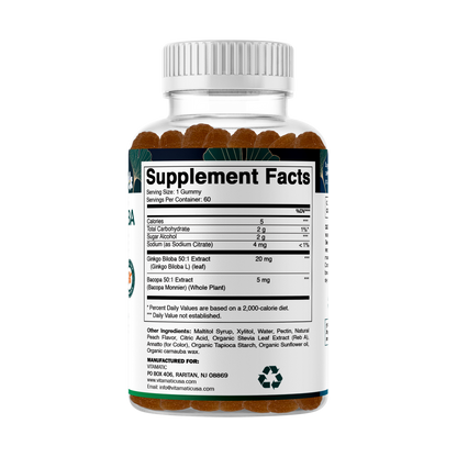 Vitamatic Ginkgo Biloba & Bacopa Gummies – Plant-Based Botanical Extract – Natural Peach Flavor – Vegan, Non-GMO, Gluten-Free – Herbal Supplement – 60 Count