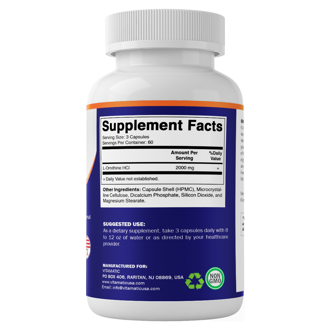 L-Ornithine 2000 mg Per Serving – 180 Vegetable Capsules – Amino Acid Supplement