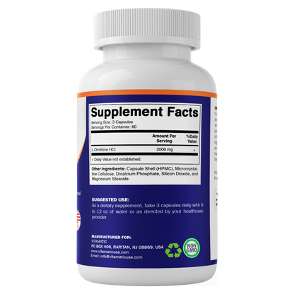 L-Ornithine 2000 mg Per Serving – 180 Vegetable Capsules – Amino Acid Supplement