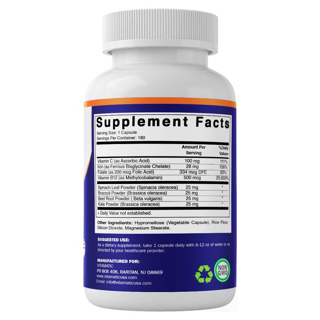 Vitamatic Vegan Iron with Vitamin C, B6, B12 & Folic Acid | Plus Spinach, Broccoli, Beetroot & Kale | 180 Capsules | Non-GMO, Gluten-Free, Sugar-Free | Made in USA