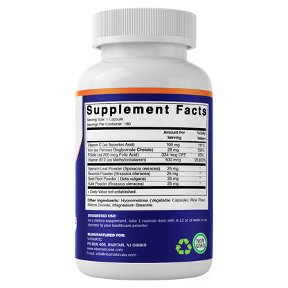 Vitamatic Vegan Iron with Vitamin C, B6, B12 & Folic Acid | Plus Spinach, Broccoli, Beetroot & Kale | 180 Capsules | Non-GMO, Gluten-Free, Sugar-Free | Made in USA