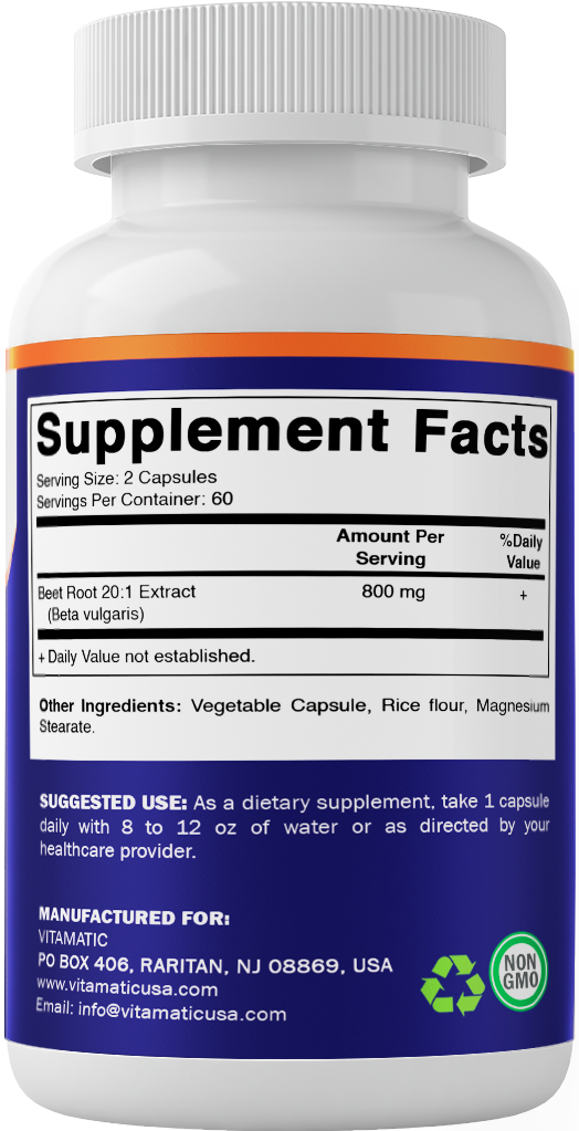 Beet Root 20:1 Extract Capsules 800 mg Per Serving (Beta vulgaris)- 120 Capsules