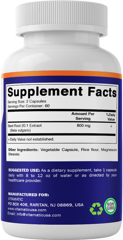 Beet Root 20:1 Extract Capsules 800 mg Per Serving (Beta vulgaris)- 120 Capsules