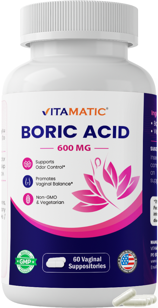 Vitamatic Boric Acid 600 mg – 60 Vaginal Suppositories Product Bottle