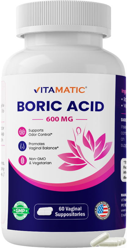Vitamatic Boric Acid 600 mg – 60 Vaginal Suppositories Product Bottle