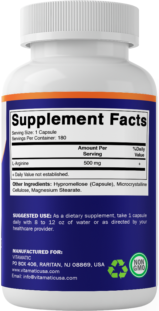 L-Arginine 500mg, 180 Vegetarian Capsules