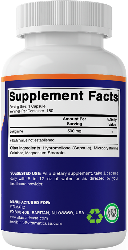L-Arginine 500mg, 180 Vegetarian Capsules