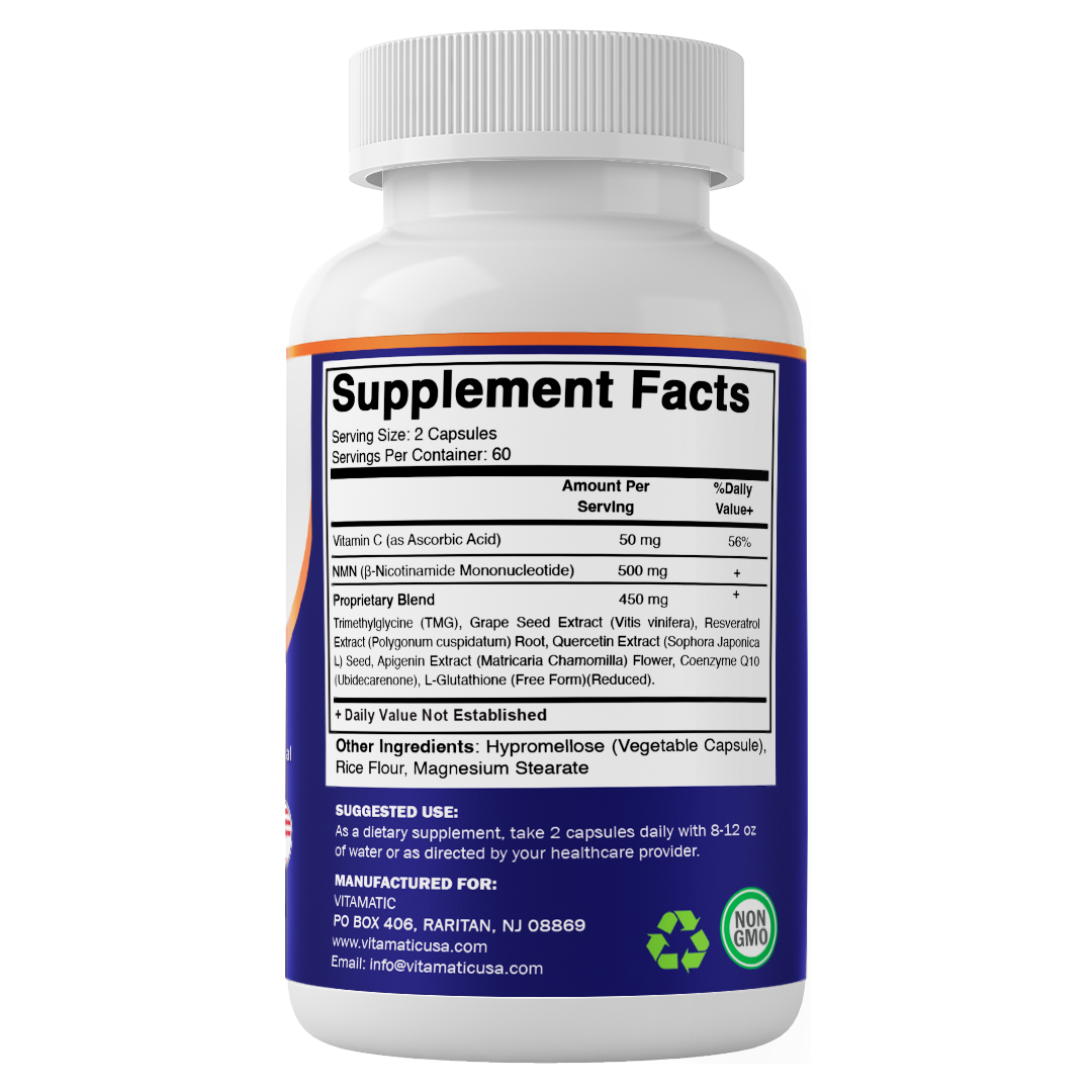 NMN Complex 1000 mg Per Serving – Made with Resveratrol, CoQ10, TMG – 120 Vegetable Capsules
