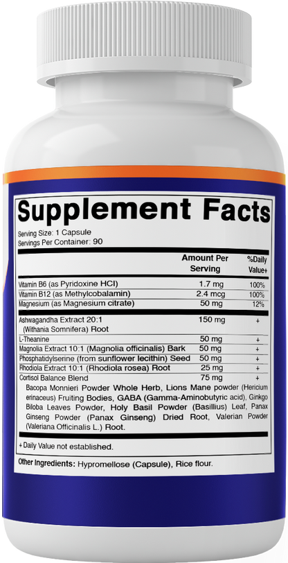 Cortisol Health Support - 90 Veggie Capsules- Made with Adaptogenic Blend with Ashwagandha, Rhodiola, Magnolia, L-Theanine, Phosphatidylserine