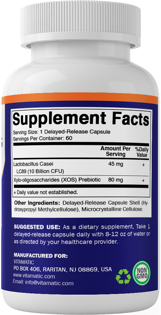 Vitamatic Lactobacillus Casei 10 Billion CFU with XOS Prebiotic, 60 Delayed Release Capsules