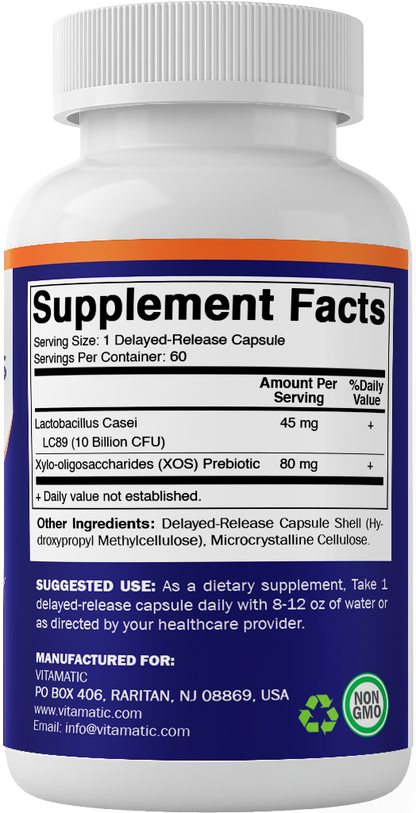 Vitamatic Lactobacillus Casei 10 Billion CFU with XOS Prebiotic, 60 Delayed Release Capsules