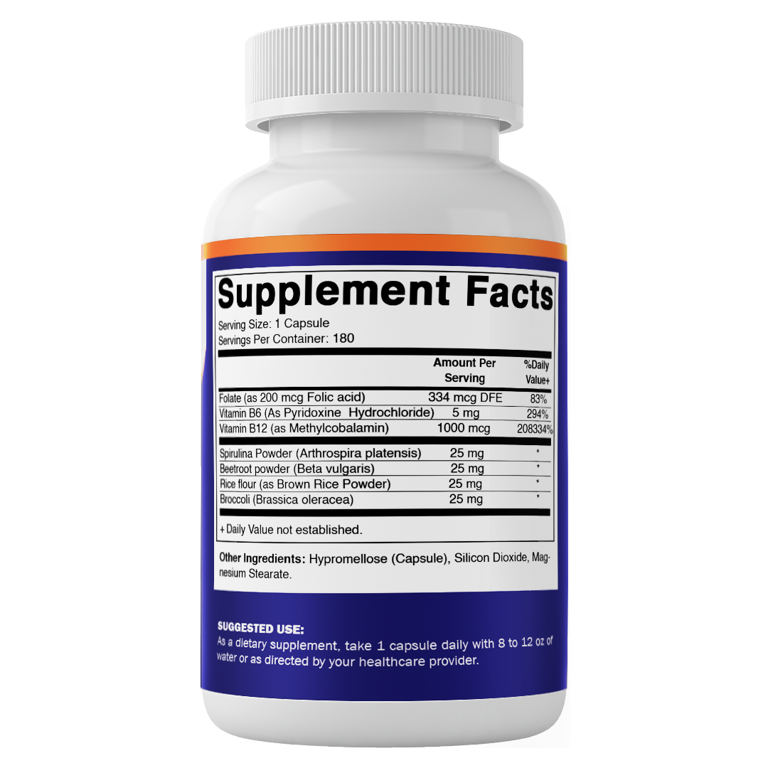 Vitamatic Vegan B12 1000 mcg - Methyl B12 with Folic Acid, Vitamin B6, Spirulina, Beet Root, Broccoli & Brown Rice - 180 Capsules