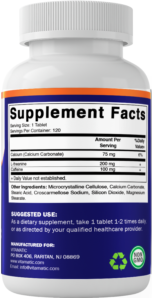 Vitamatic L-Theanine 200mg + Caffeine 100mg, 120 Tablets