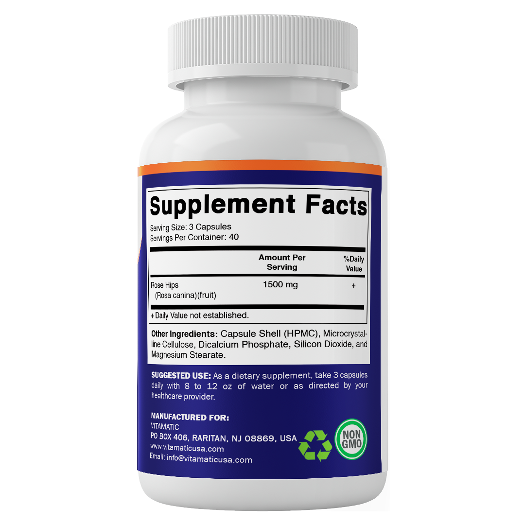 Vitamatic Rose Hips 1500 mg per Serving (Rosa Canina) – 120 Capsules – Non-GMO, Gluten Free Herbal Supplement – Rich in Natural Vitamin C & Antioxidants – Immune Support – Made in USA