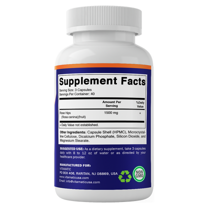 Vitamatic Rose Hips 1500 mg per Serving (Rosa Canina) – 120 Capsules – Non-GMO, Gluten Free Herbal Supplement – Rich in Natural Vitamin C & Antioxidants – Immune Support – Made in USA