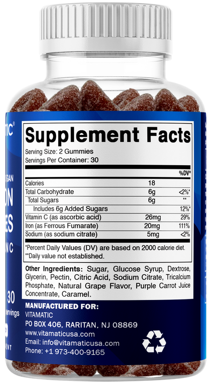 Vitamatic Iron 20mg + Vitamin C Vegan Gummies, 60 Count
