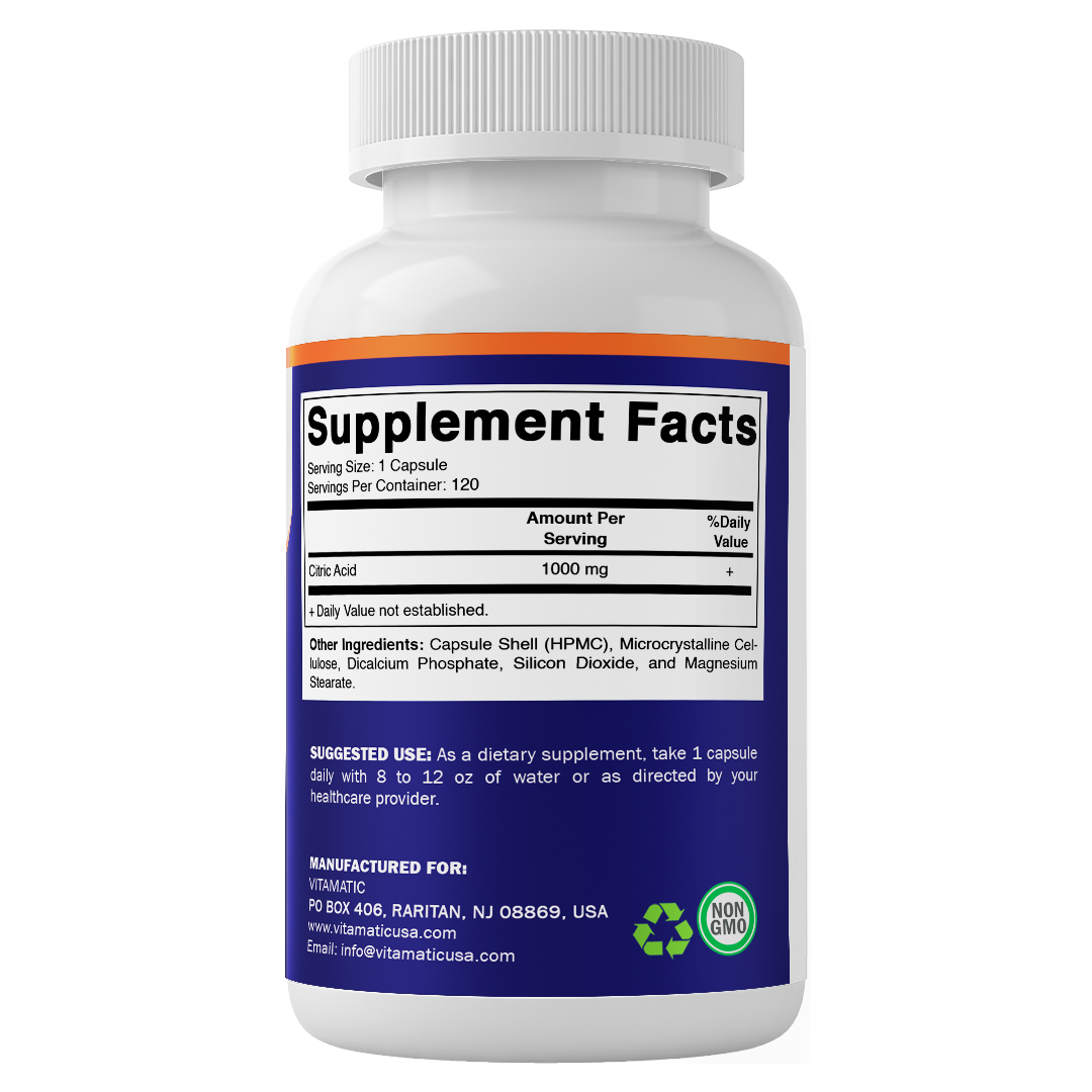 Citric Acid 1000 mg, 120 Vegetable Capsules