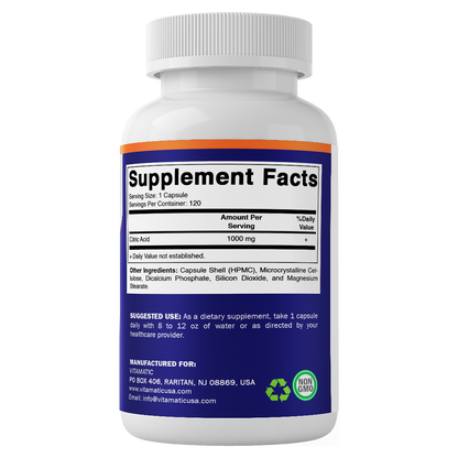 Citric Acid 1000 mg, 120 Vegetable Capsules