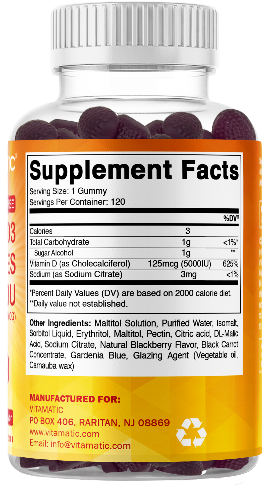 Vitamatic Sugar-Free Vitamin D3 5000 IU, 120 Gummies