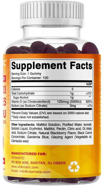 Vitamatic Sugar-Free Vitamin D3 5000 IU, 120 Gummies
