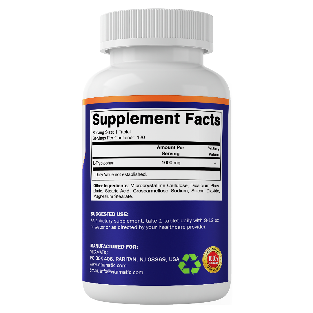 L-Tryptophan 1000mg Supplement, 120 Tablets