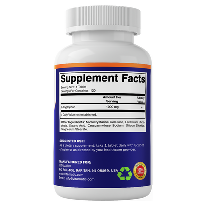 L-Tryptophan 1000mg Supplement, 120 Tablets
