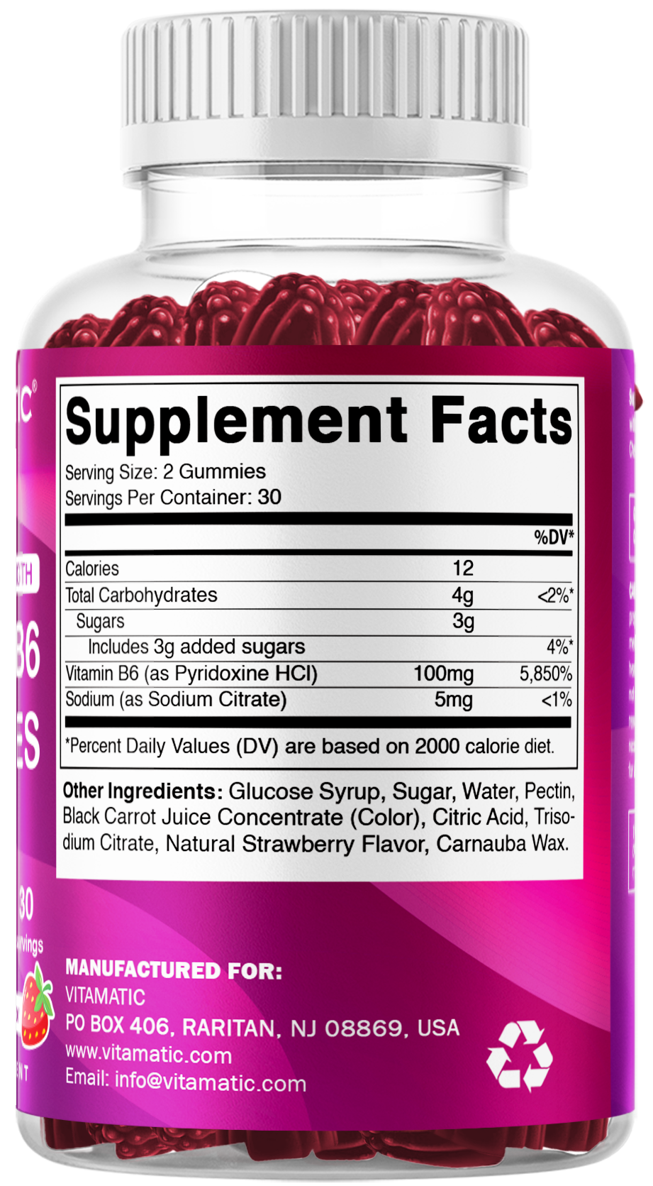 Vitamatic Vitamin B6 100mg Strawberry Gummies, 60 Count